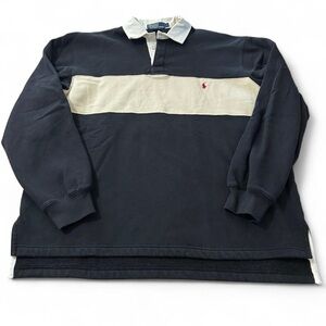 Vintage 90s Polo Ralph Lauren Black Striped Rugby Sweatshirt Size Large